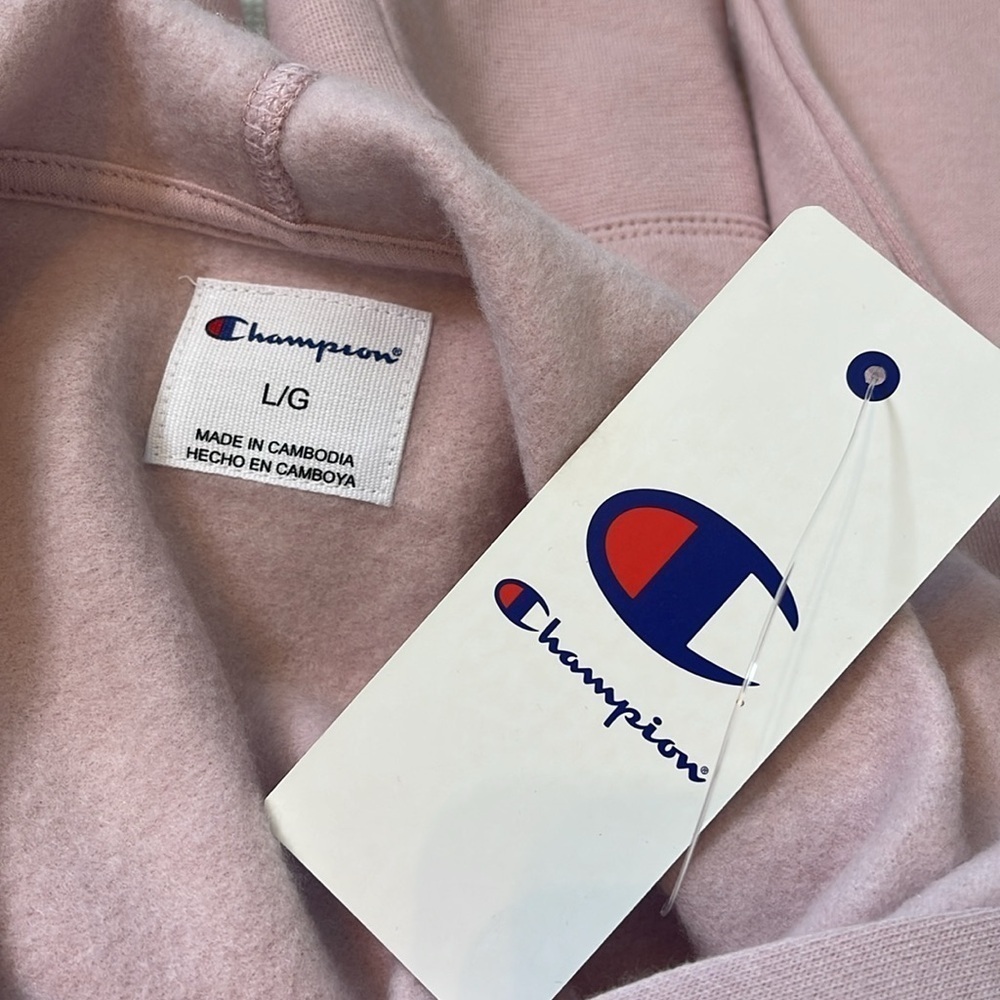 NWT Champion Powerblend Sweatshirt Hoodie Embroidered Script Logo SZ L Hush Pink - Picture 8 of 13